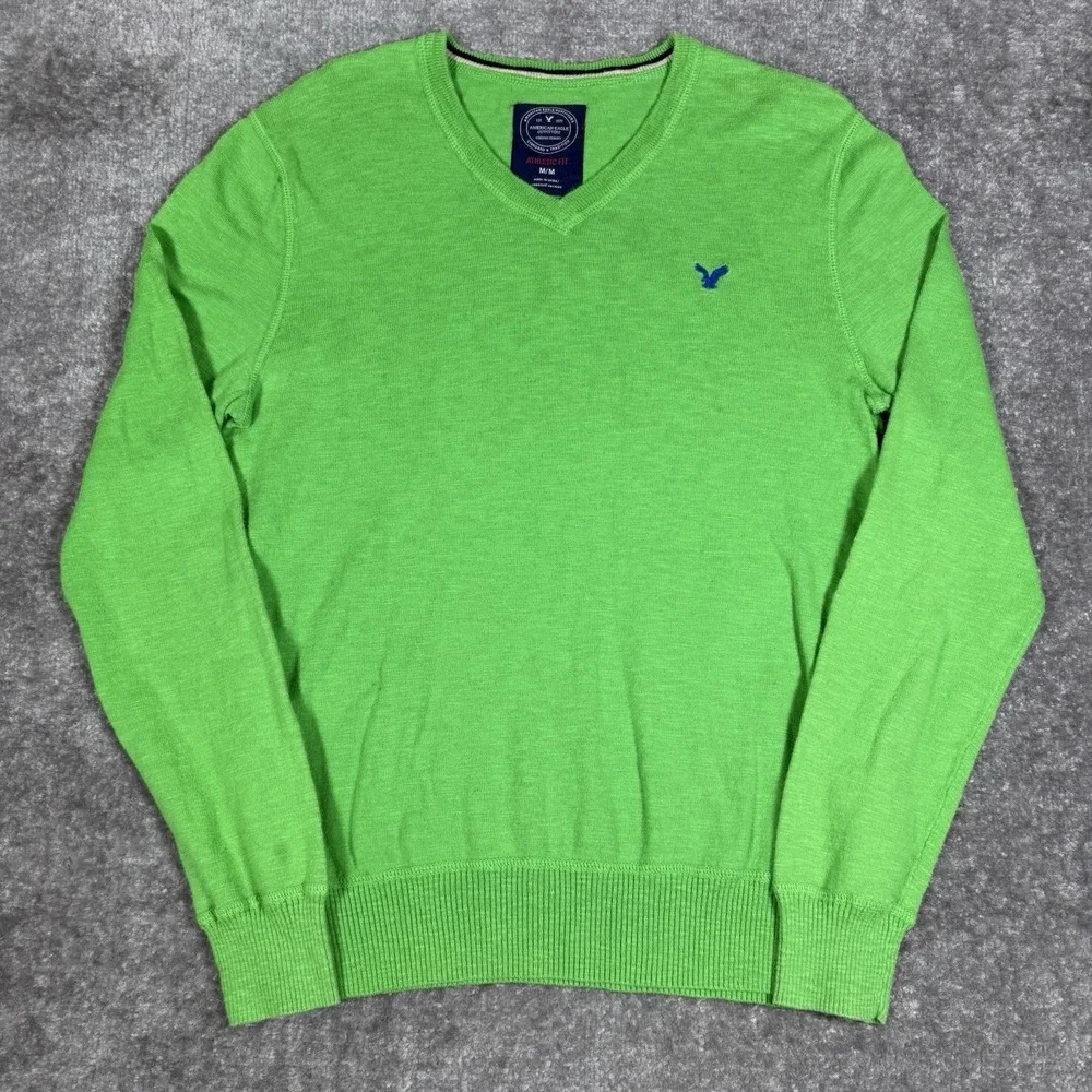 American Eagle Sweater Men's Medium Green V Neck‎ Knit Long Sleeve Pullover